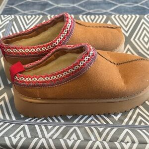 Yellow Box Brown Mules with Red Trim